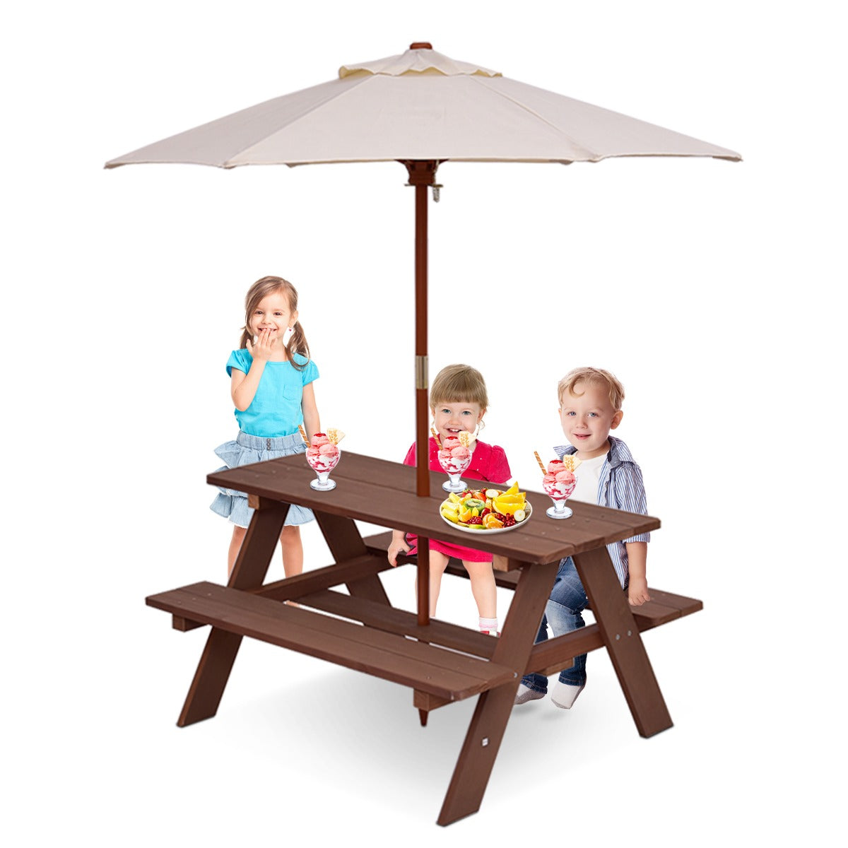 NNECW 3 in 1 Kids Picnic Table with Removable Umbrella for Garden/ Yard