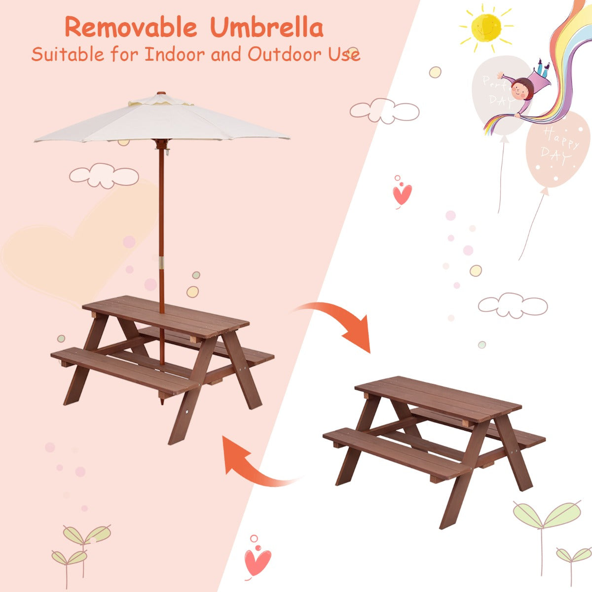 NNECW 3 in 1 Kids Picnic Table with Removable Umbrella for Garden/ Yard
